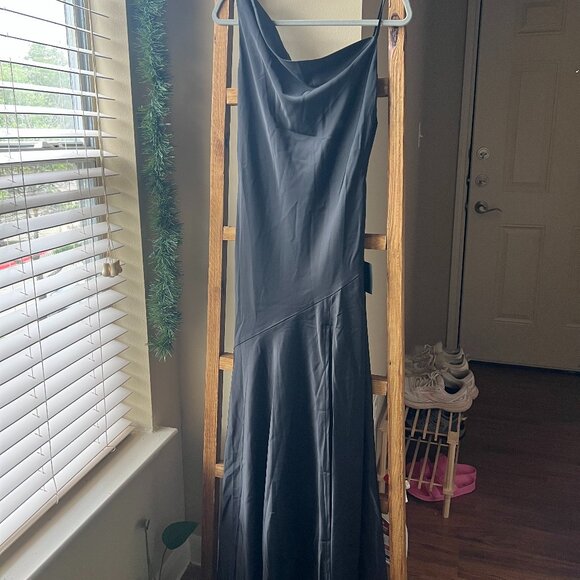 Lulus Impressive Energy Black Satin Asymmetrical Maxi Dress - Picture 2 of 4